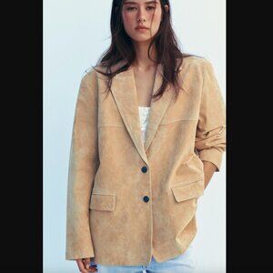 NEW VIRAL ZARA 100% SUEDE BLAZER Beige CAMEL 4341/824/710 Size L